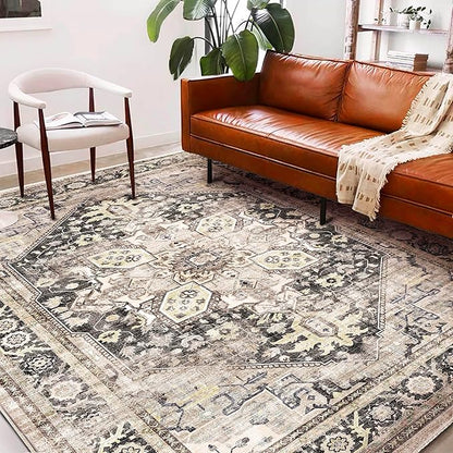 Washable Area Rug 9'x12' Black-Purple Khaki Retro Flowers Boho Design Non-Shedding Easy Care Ideal for High Traffic Areas in Living Room Bedroom Office Coffee Table Kitchen Large Carpet