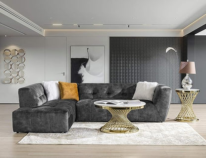 Acanva Luxury Mid-Century Velvet Tufted Low Back Sofa Set L-Shape 2-Piece Living Room Couch, 113"W Left Hand Facing Sectional, Grey