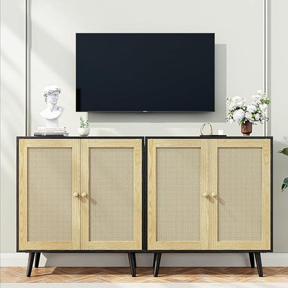 Rattan Sideboard Buffet, Accent Cabinet Cupboard Console Small Cabinet with Doors and Adjustable Shelve for Kitchen & Entryway Storage, Black