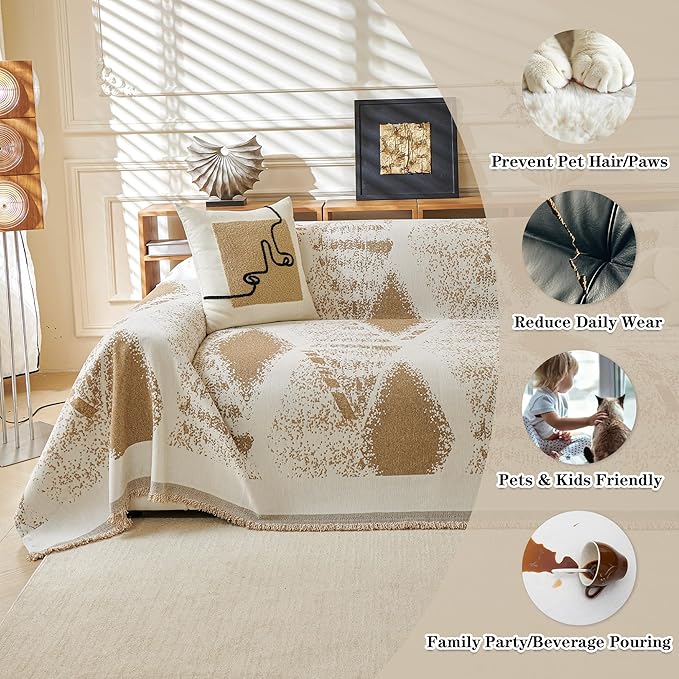 MYSKY HOME Couch Cover for Dogs Washable Khaki Rhombic Couch Sofa Protector Dogs Pets Friendly Chenille Geometric Sofa Covers Soft Durable Farmhouse Sofa Slipcovers, 71" X102"