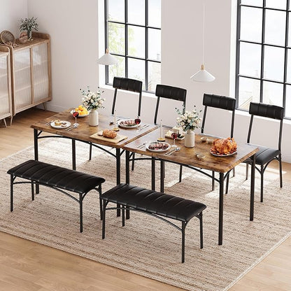 GAOMON Dining Table Set for 4 with Upholstered Bench and 2 Chairs, Rectangular Dining Room Table Set for 4 for Small Space, Apartment, Dinner, Rustic Brown