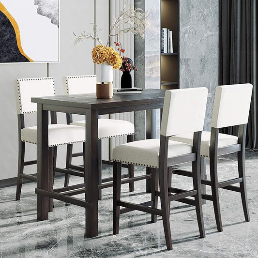 Ball & Cast 5 Piece Dining Table Set,4 Upholstered Chairs with Curved Backrests,Wooden Living Room Furniture W/ 52" Rectangle Kitchen Desk,for Restaurant,Home Bistro,Espresso and Beige
