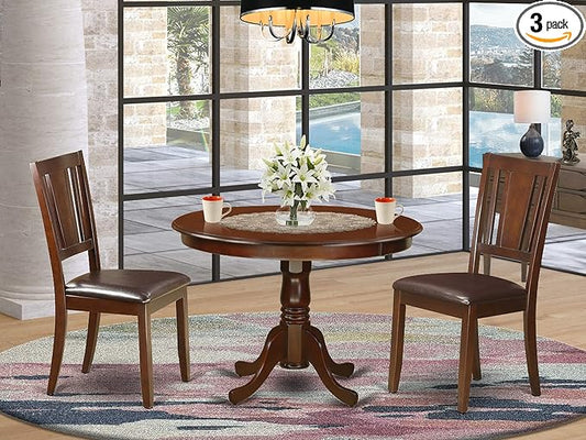 East West Furniture HLDU3-MAH-LC 3 Piece Dining Table Set for Small Spaces Contains a Round Dining Room Table with Pedestal and 2 Faux Leather Upholstered Chairs, 42x42 Inch, Mahogany