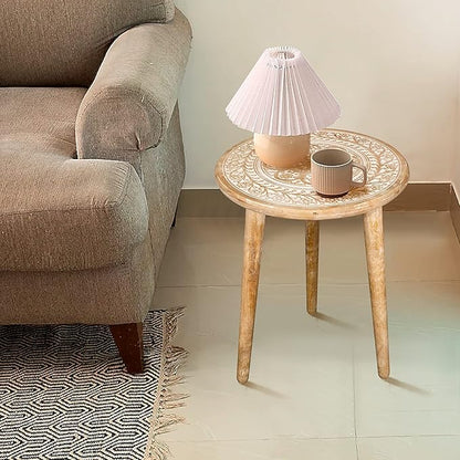 Wooden Table with 3 Legs Pillar, Carving End Tables, Round Coffee Tables, Entryway Table, Coffee Table for Livingroom, Books and Plants - 18"x22" - White Wash
