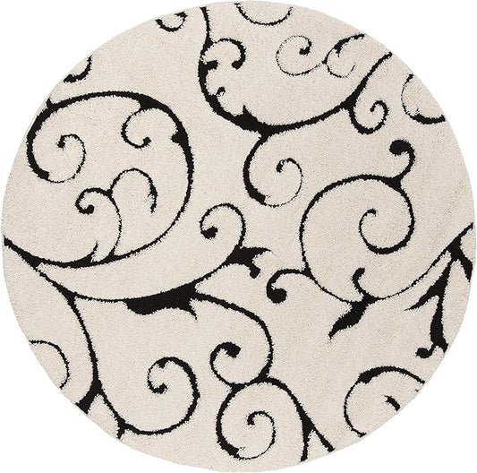 SAFAVIEH Florida Shag Collection Area Rug - 5' Round, Ivory & Black, Scroll Design, Non-Shedding & Easy Care, 1.2-inch Thick Ideal for High Traffic Areas in Living Room, Bedroom (SG455-1290)