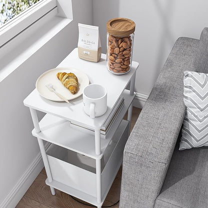 Small Side Table with Charging Station, Set of 2 End Table for Small Spaces, Slim Nightstand with Outlet,Sofa Beside Table, 3-Tier Storage Shelf,Living Room, Bed Room, Natrual White