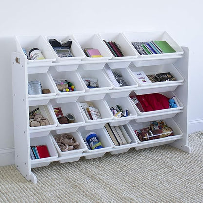Humble Crew Extra-Large Toy Organizer with 20 Plastic Bins – White/White Storage Rack with 4-Tier Shelves, Anti-Tip Safety, for Kids’ Rooms, Playrooms, Nurseries & Classrooms
