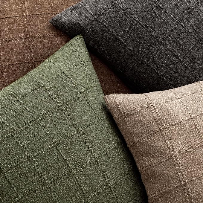 Foindtower Set of 2 Decorative Linen Check Throw Pillow Covers Neutral Farmhouse Vintage Cushion Covers Modern Boho Home Decor for Sofa Chair Couch Bedroom Living Room Outdoor,22×22 Inch,Olive Green