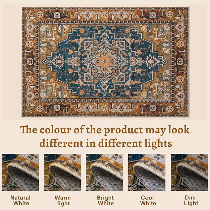Tangsoo 4x6 Washable Rug Vintage Non Slip Indoor, Distressed Carpet for Living Room, Dining Room, Soft Low Pile Rugs Foldable Floor for Bedroom Dorm Bedside Bathroom Indigo Ochre