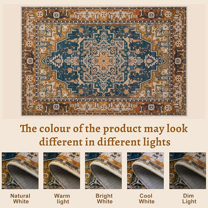Tangsoo 4x6 Washable Rug Vintage Non Slip Indoor, Distressed Carpet for Living Room, Dining Room, Soft Low Pile Rugs Foldable Floor for Bedroom Dorm Bedside Bathroom Indigo Ochre