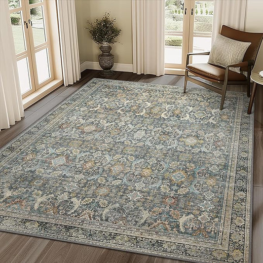 3X5 Area Rugs Machine Washable Rugs for Living Room, Vintage Boho Large Rugs for Bedroom Dining Room, Non Slip Indoor Soft Distressed Lightweight Thin Low Pile Carpet, Terracotta