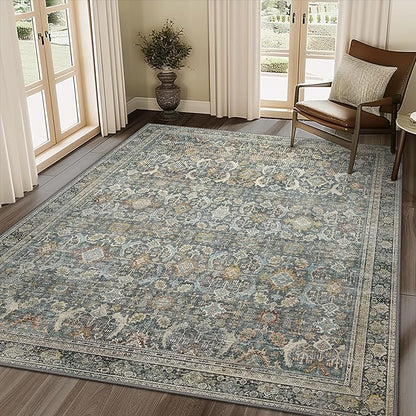 8X10 Area Rugs Machine Washable Rugs for Living Room, Vintage Boho Large Rugs for Bedroom Dining Room, Non Slip Indoor Soft Distressed Lightweight Thin Low Pile Carpet, Terracotta