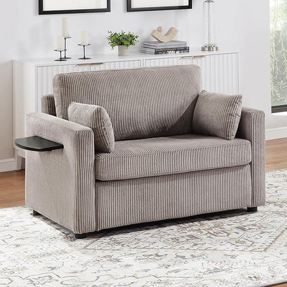 Twin Size Sofa Bed 47.2" Sleeper Sofa Loveseat Sofa with a Foldable Mattress, a Foldable Side Table, a Side Storage Pocket and Two USB Ports for Living Room, Grey-Brown