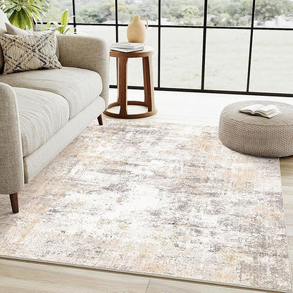 4x5 Washable Area Rug Beige Grey Neutral Abstract Entryway Kitchen Non Slip Low Pile Throw Rug Living Room Bedroom Indoor Doormat Soft Carpet for Entrance Bathroom Office