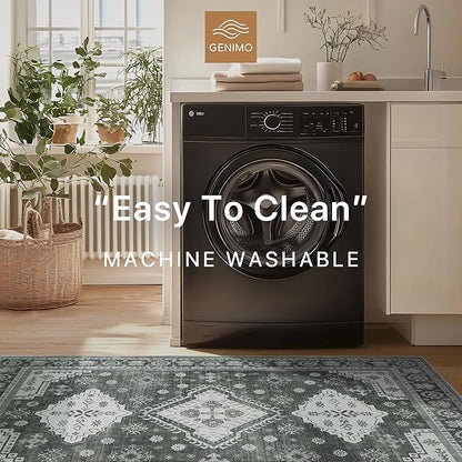 GENIMO Washable Rug 8X10 Area Rugs for Living Room Bedroom, Machine Washable Area Rug, Print Vintage Tribal Aesthetic Carpet, Low Pile Mat with Non Slip Rubber Backing, Distressed Charcoal