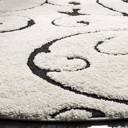 SAFAVIEH Florida Shag Collection 4' Round Ivory / Black SG455 Scrolling Vine Graceful Swirl Textured Non-Shedding Living Room Bedroom Dining Room Entryway Plush 1.2-inch Thick Area Rug