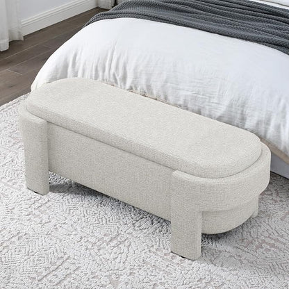 KEIKI 51" Linen Ottoman Bench with Large Storage Space, Upholstered Seating Foot Rest Stool Furniture for Bedroom, Living Room, Entryway, Beige Stripe