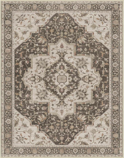 GENIMO 8x10 Area Rugs for Living Room, Machine Washable Non Slip Vintage Retro Rugs, Low Pile Lightweight Chenille Print Rug for Bedroom, Dining Room, Home Office, Ebony Taupe