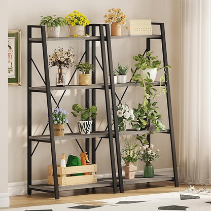 BON AUGURE Ladder Bookshelf, 4 Tier Ladder Shelf Bookcase, Wood Leaning Book Shelves for Living Room, Bedroom, Home Office Shelving Unit (Dark Grey Oak)