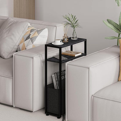 Black Side Table, Slim Side Table with Magazine Rack, Bathroom Table for Small Spaces, Narrow Bedside Table for Living Room, Bedroom