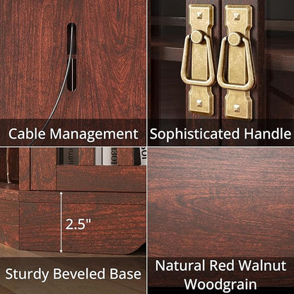 IRONCK Corner TV Stand for TVs up to 60 Inch with Power Outlet, Corner Entertainment Center with Storage Cabinet and Glass Doors, Mid Century Modern TV Stand for Living Room, Bedroom, Red Walnut