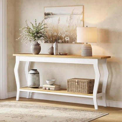 LITTLE TREE 70.9 Inches Long Console Table, 2-Tier Vintage Wooden Sofa Table Behind The Couch with Metal Legs for Hallway, Entryway, Living Room, White & Light Oak