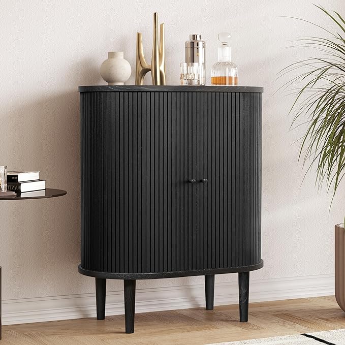 WERMO 28'' Black Bar Cabinet with Storage and Shelves - Coffee and Wine Bar Black Cabinet with Doors, Small Liquor Dining Room Sideboard, Narrow Living Room Credenza, Coffee Station (Black Oak)