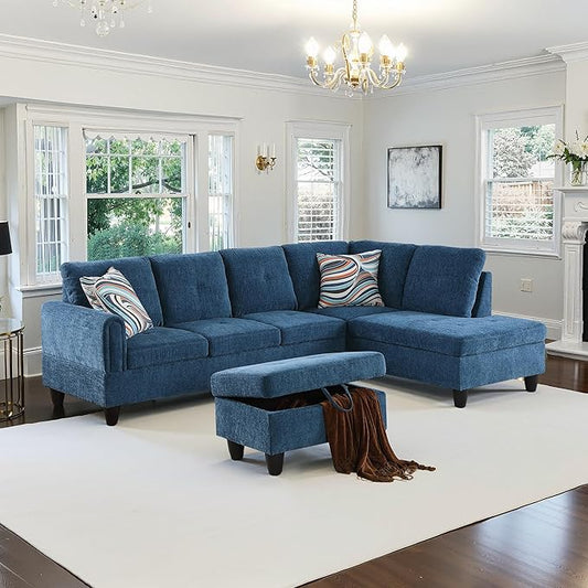 NicBex Sectional Couch 3 Pieces Sofa Set with Left Chaise Flannel L Shaped Cloud Couch for Living Room Furniture Sets with Storage Ottoman, Modular Sofa for Living Room & Apartment, Dark Blue