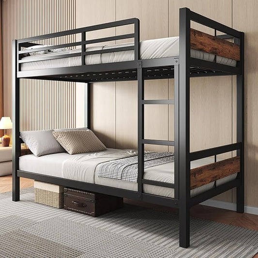 Feonase Metal Bunk Bed Twin Over Twin with Ladder and High Guardrail, Heavy-Duty Metal Slats Support, Noise Free, No Box Spring Needed, for Kids and Juniors, Vintage