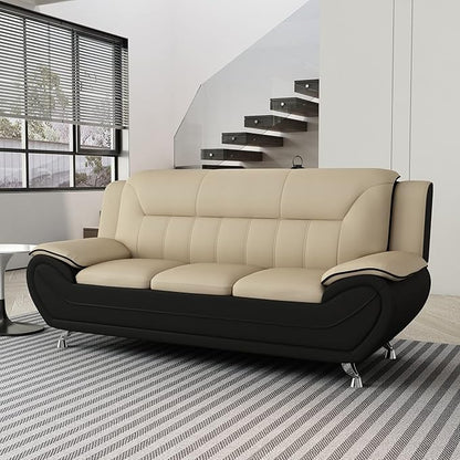 Container Furniture Direct Michael Modern Faux Leather Upholstered Stainless Steel Legs Living Room Sofa, Black Camel