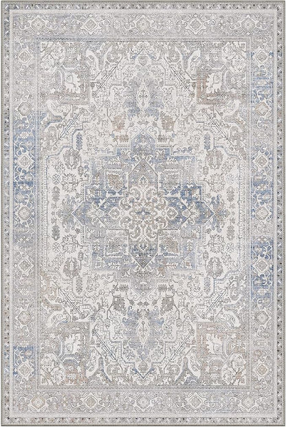 GENIMO 9x12 Area Rugs for Living Room, Machine Washable Non Slip Vintage Retro Rugs, Low Pile Lightweight Thin Print Rug for Bedroom, Dining Room, Home Office, Khaki Blue