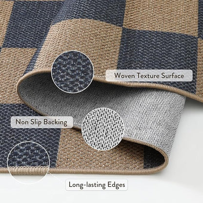 Lahome Checkered Easy Jute Indoor Outdoor Carpet, 3x5 Washable Rugs for Entryway Living Room Farmhouse Area Rug, Non Slip Blue Checkerboard Indoor Door Mat for Entry Patio Deck