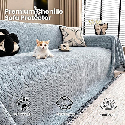 Nobildonna Sofa Cover Washable Soft Thicken Chenille Couch Cover with Tassel,Waterproof Sofa Slipcover for 3-4 Cushion Couch,Sectional Sofa,L-Shaped Furniture Protector Pet-Friendly,Dusty Blue71 x150