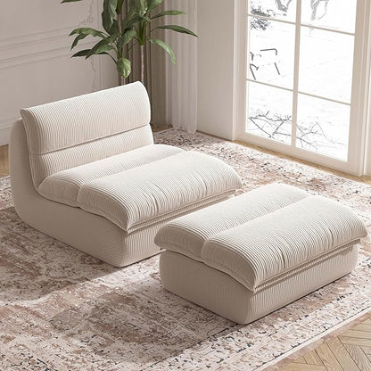 Bean Bag Chair with Ottoman, Cozy Comfy Reading Nook Chairs, Ultra Soft Corduroy Fabric Bean Bag Chairs for Adults, Reading Chair with Ottoman for Living Room, Bedroom Apartment (Beige)