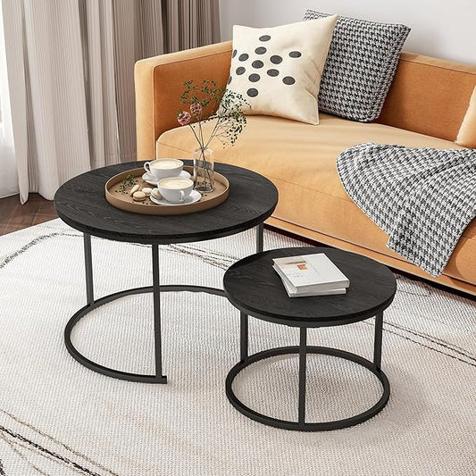 Round Coffee Table Set of 2 End Tables for Living Room,Black Coffee Table Nesting Tables,Living Room Table Wooden Accent Furniture Metal Frame,Sturdy Stacking Side Tables,Easy Assembly