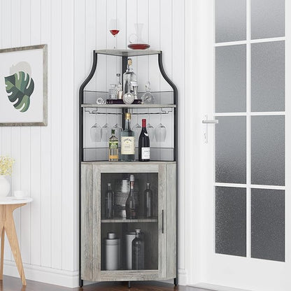 GarveeHome Corner Wine Cabinet with Detachable Wine Rack, 5-Tier Industrial Corner Bar Cabinet with Barn Door and Glass Holder, Farmhouse Buffet Cabinet and Home Bar, Grey