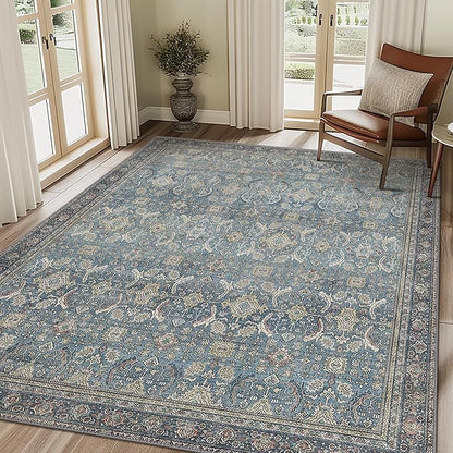 8X10 Area Rugs Machine Washable Rugs for Living Room, Vintage Boho Large Rugs for Bedroom Dining Room, Non Slip Indoor Soft Distressed Lightweight Thin Low Pile Carpet, Vintage Blue