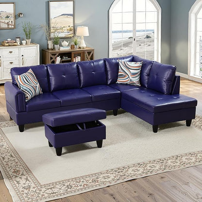 NicBex Sectional Couch 3 Pieces Sofa Set with Left Chaise Faux Leather L Shaped Cloud Couch for Living Room Furniture Sets with Storage Ottoman, Modular Sofa for Living Room & Apartment, Indigo