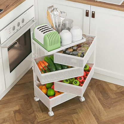 Fruit Basket for Kitchen No Assembly, Rolling Rotating Storage cart,Bathroom Shelf,Storage Drawer Cart for Bathroom,Metal Vegetable Rolling cart(Bright White, 4 Tier-Square)