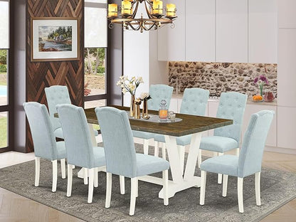 East West Furniture V077CE215-9 9 Piece Dining Room Set Includes a Rectangle Kitchen Table with V-Legs and 8 Baby Blue Linen Fabric Upholstered Parson Chairs, 40x72 Inch, Multi-Color