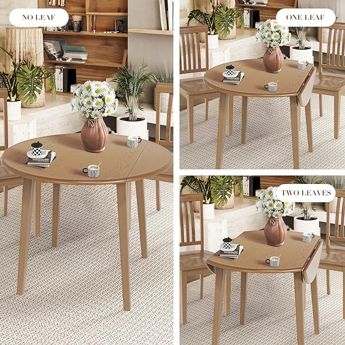 COLAMY 3-Piece Extendable Dining Table Set for 2, 36" Kitchen Round Wood Table with 2 Nailhead Dining Room Chairs,Light Brown/White&Blue Flower