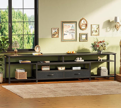 Huuger 79 Inch TV Stand for 85, 90 Inch TV, Entertainment Center with LED Lights and Power Outlets, TV Console with Drawers, Shelves, Type C, PU Leather Surface, for Living Room, Black
