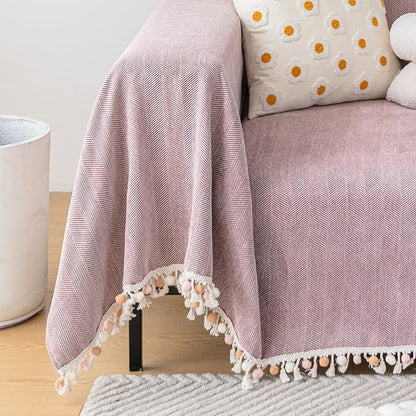 HANDONTIME Solid Boho Sofa Cover for 3 Cushion Couch - Pink-Purple Chenille Throw With Tassels for Dogs, 91" X 134", Mauve