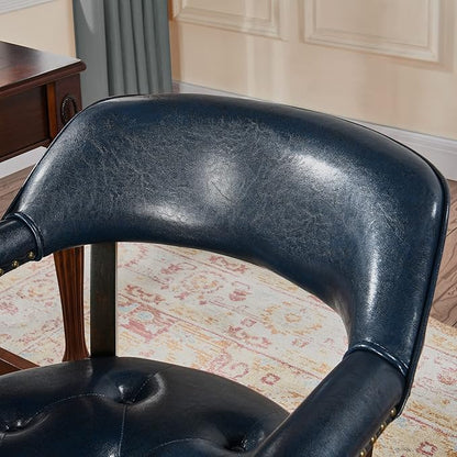 LEEMTORIG Large Dining Chairs with Casters and Arms, Rolling Dining Chairs with Wheels, Solid Wood Boss Caption's Chairs Office Desk Chairs, 26" D x 25.2" W, Espresso Legs & Dark Blue PU SY-318-LB