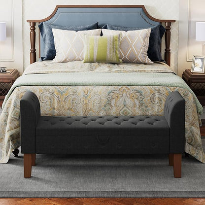 Awonde Storage Bench for Bedroom End of Bed Button Tufted Upholstered Bench Storage Ottoman Bench with Arms 52" Settee Bench Gray Linen