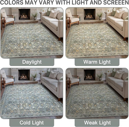 5X7 Area Rugs Machine Washable Rugs for Living Room, Vintage Boho Large Rugs for Bedroom Dining Room, Non Slip Indoor Soft Distressed Lightweight Thin Low Pile Carpet, Terracotta