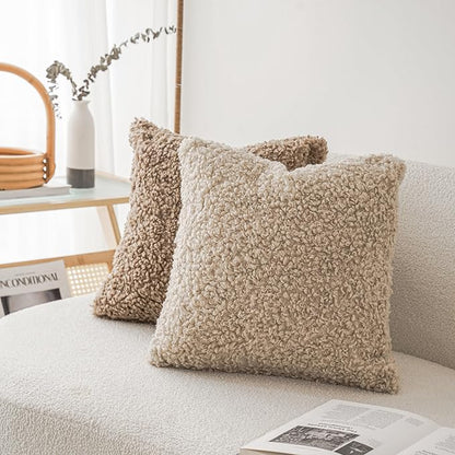 Foindtower 2 Pieces 24x24 Inch Light Khaki, 100% Polyester Throw Pillow Cover Accent Sherpa Pillow Fuzzy Soft Pillowcases Sheepskin Decorative Fleece Cushion Case for Bed Couch Living Room
