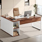 YITAHOME Executive Desk with Power Outlets, 71" L Shaped Desk with File Cabinet, Executive Desk with Drawers & Storage Shelves, Corner Office Desk with Bookshelf for Home Office, Walnut & White