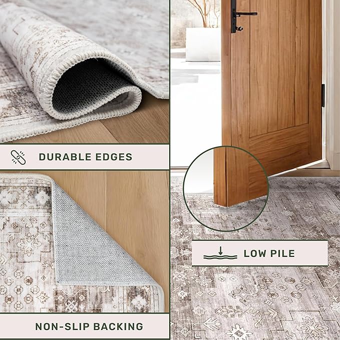 Boho Long Bathroom Runner Rug 24 x 72 Washable Non Slip - Soft Stain Reistant Rugs for Kitchen, Laundry Room, Hallway Runner - Neutral Floral Design Décor (2x6 Beige/Latte)