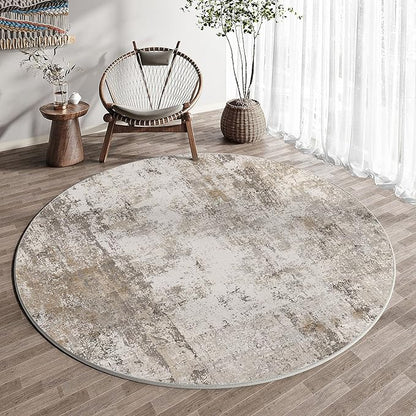 8x8 Washable Round Rug Brown Grey Neutral Abstract Living Room Bedroom Large Area Rug Non Slip Soft Low Pile Indoor Floor Carpet for Dining Room Kitchen Office Entryway